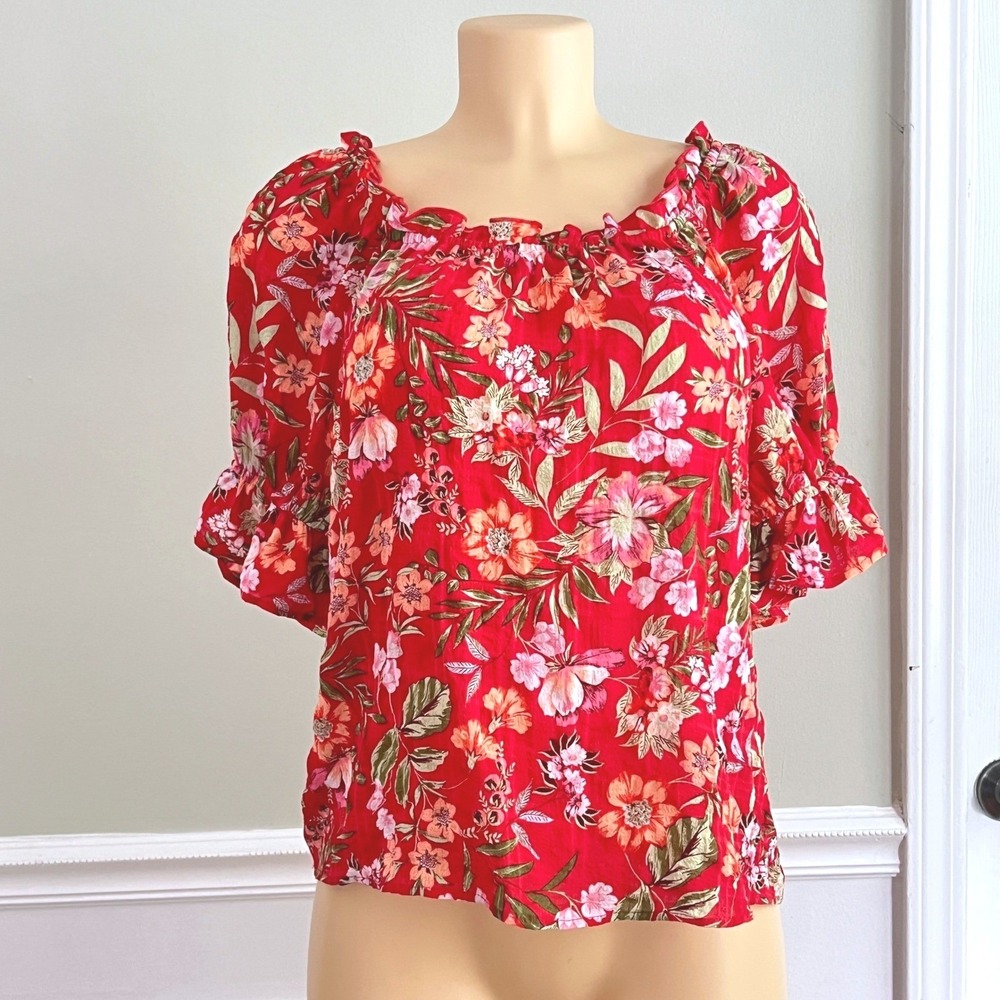 Status by Chenault Floral Blouse Womens L Ruffle Puff Sleeve‎ Red Boho Summer
